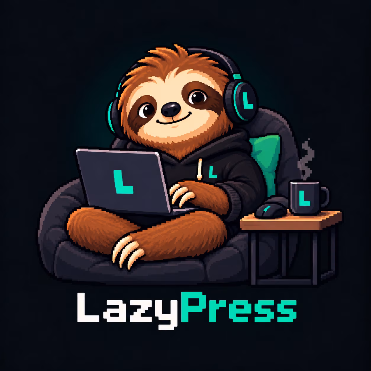 Max, the LazyPress sloth agent, relaxing with headphones and a laptop, ready to help build your website.
