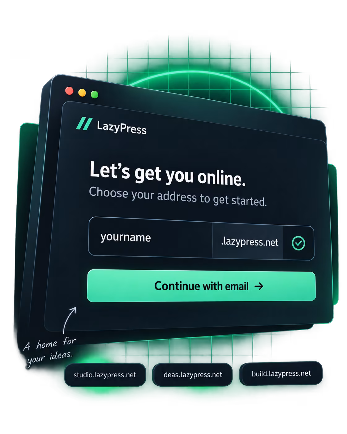 Illustration of choosing a LazyPress website address and continuing with email.