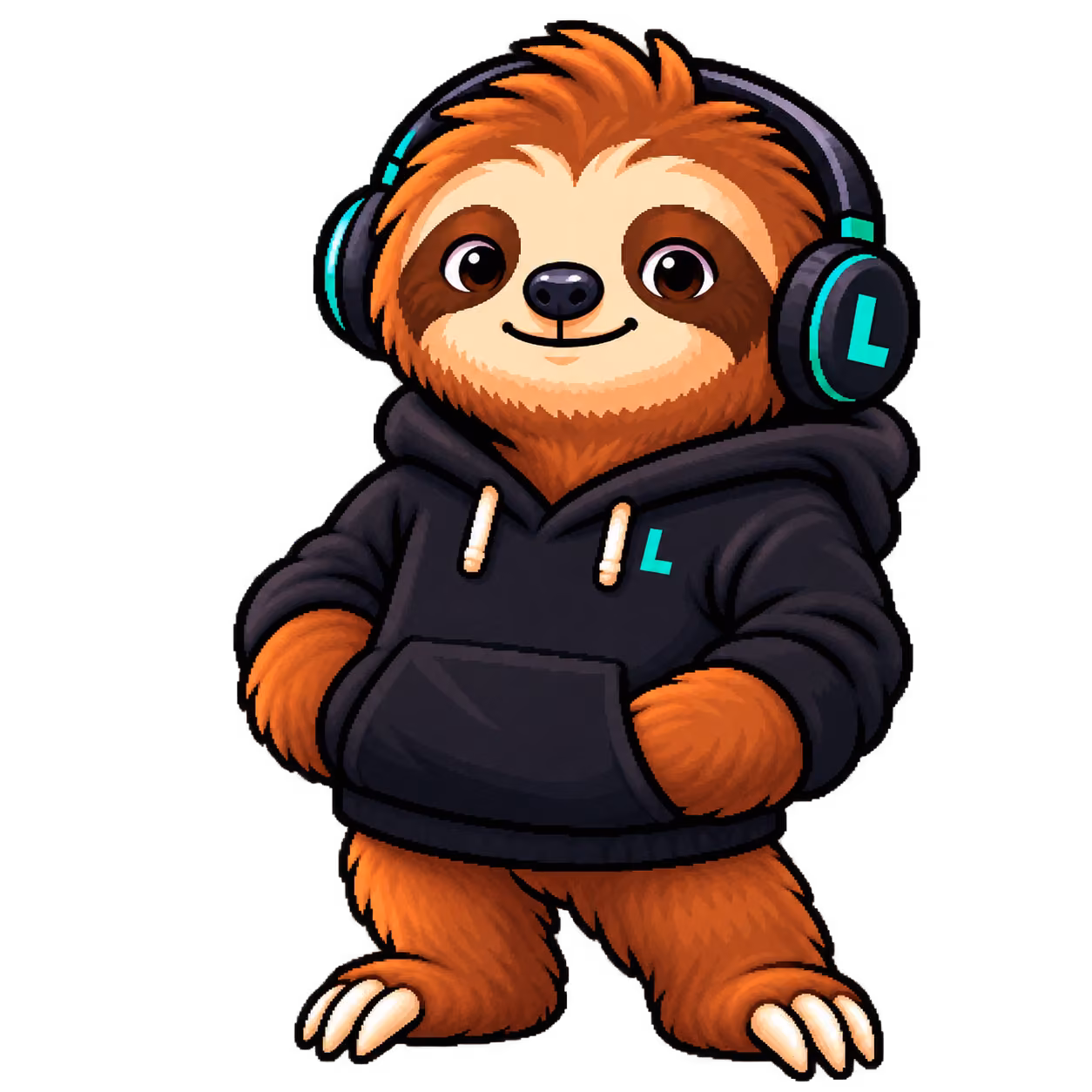 Max, your sloth sidekick, standing ready in his hoodie and headphones.